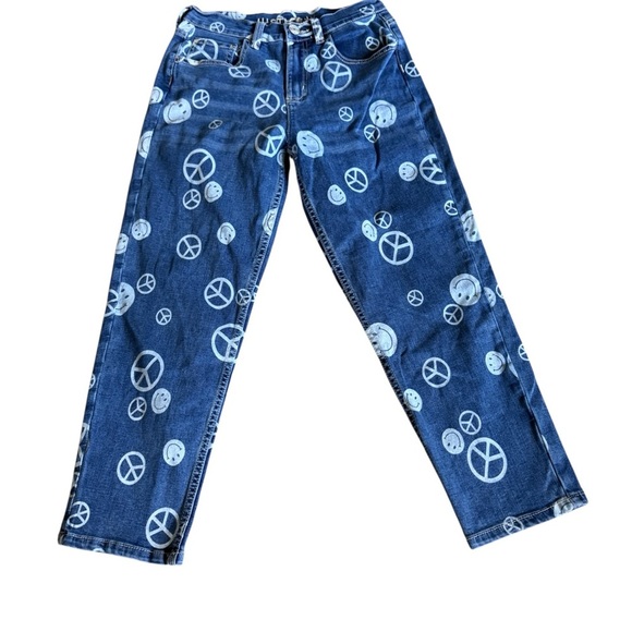 JUSTICE STRANGER THINGS Girls Smiley Face Peace Sign Denim Jeans Size 14 - Picture 1 of 4